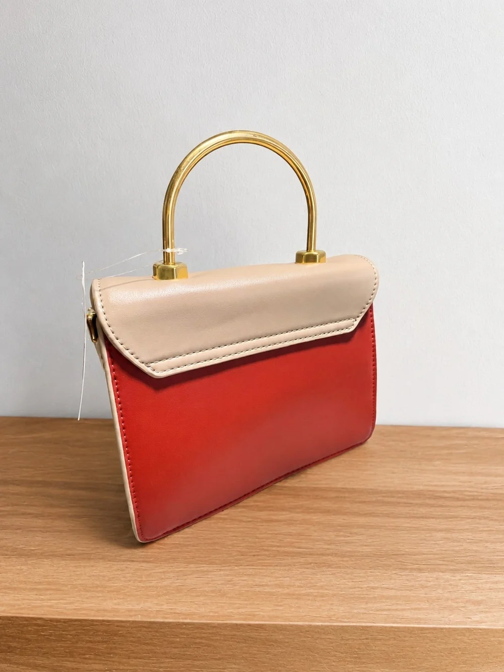 Two-Tone Rust and Beige Structured Top-Handle Satchel